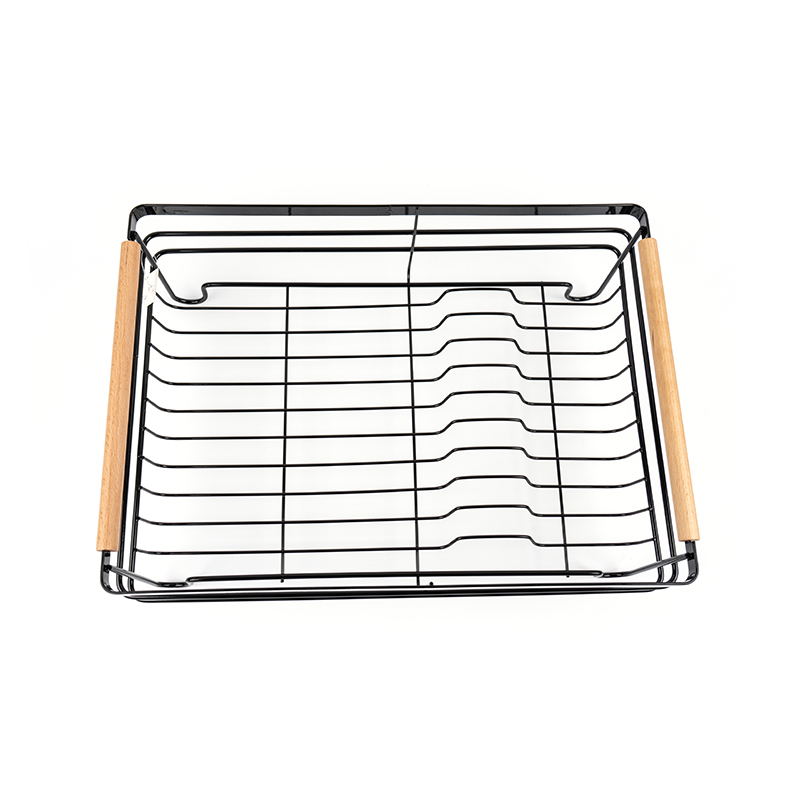 Metalen schoteldroogrek met houten handgrepen