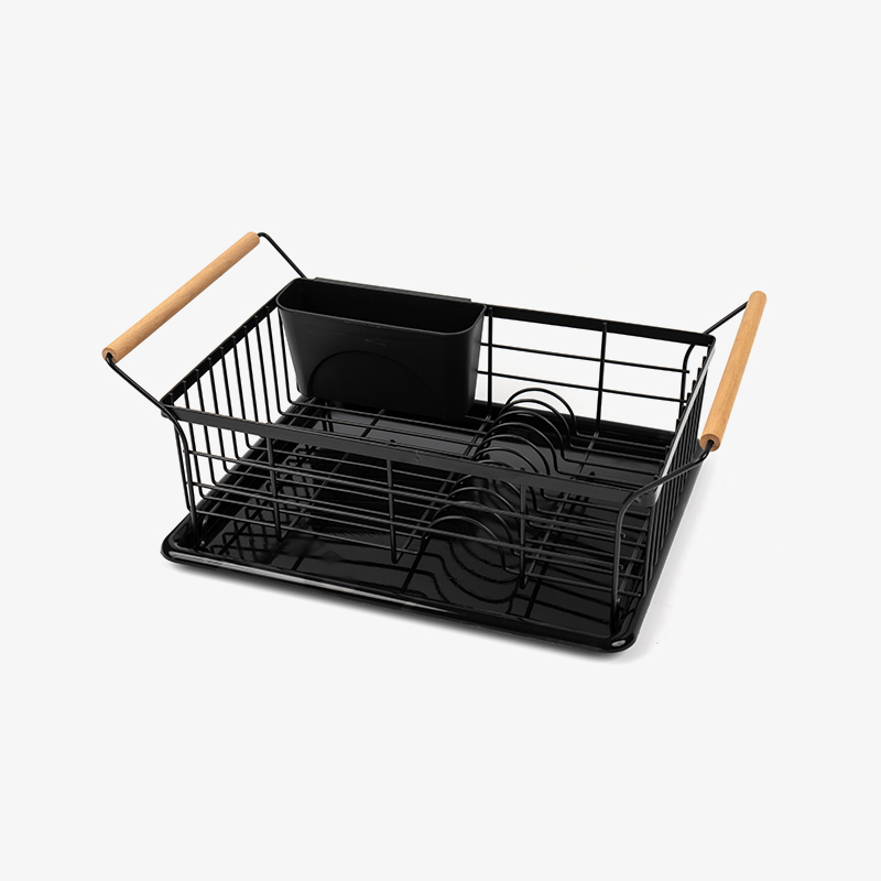 Een kommen- en bordendroogrek met een houten handvat